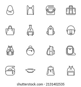 Woman bag line icons set, outline vector symbol collection, linear style pictogram pack. Signs, logo illustration. Set includes icons as handbag, backpack,  rucksack, knapsack, purse