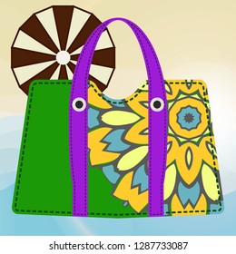 Woman bag with mandala ornament. Ladies handbags on summer backgroound. Fashion accessories. Vector illustration