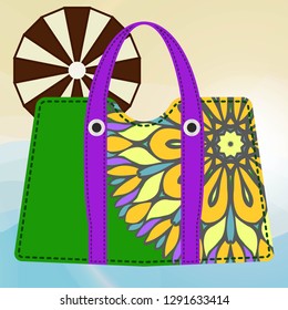 Woman bag with mandala ornament. Ladies handbags on summer backgroound. Fashion accessories. Vector illustration