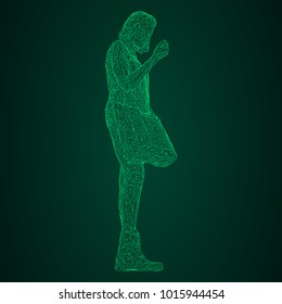 A woman with a bag on her bent hand. Vector illustration of a green luminous triangular grid on a black-and-green background.