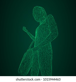 A woman with a bag on her bent hand. Vector illustration of a green luminous triangular grid on a black-and-green background.