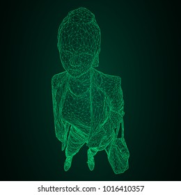 A woman with a bag on her bent hand. Vector illustration of a green luminous triangular grid on a black-and-green background.
