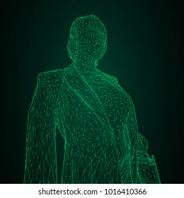 A woman with a bag on her bent hand. Vector illustration of a green luminous triangular grid on a black-and-green background.