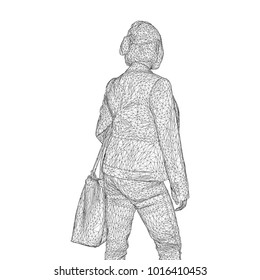 A woman with a bag on her bent hand. Vector illustration of a black triangular mesh on a white background.