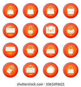Woman bag types icons set vector red circle isolated on white background 