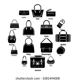 Woman bag types icons set. Simple illustration of 16 woman bag types vector icons for web