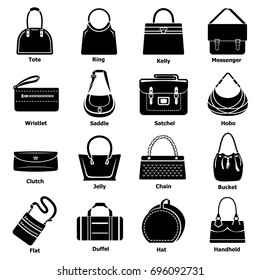 Woman bag types icons set. Simple illustration of 16 woman bag types vector icons for web