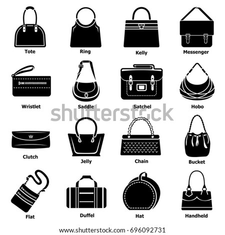 Woman bag types icons set. Simple illustration of 16 woman bag types vector icons for web