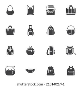 Frauentasche Vektorsymbole Set, moderne solide Symbolsammlung, gefülltes Piktogramm-Paket. Zeichen, Logo-Illustration. Set enthält Symbole wie Handtasche, Rucksack, Rucksack, Rucksack, Rucksack, Rucksack, Geldbeutel