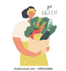 Woman with a bag of vegetables . Natural organic and vegetarian food, mindful eating concept. Handwritten text go green. Vector illustration