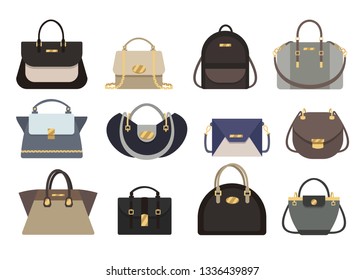 Woman bags Designer Ladies Handbag  collection of fashionable leather female handheld accessories of different types isolated icons set vector. 