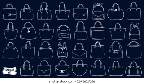 Woman bags doodle set. Simple bags sketches. Bags set. Fashion accessories collection. Woman fashion. Vector scribbles.