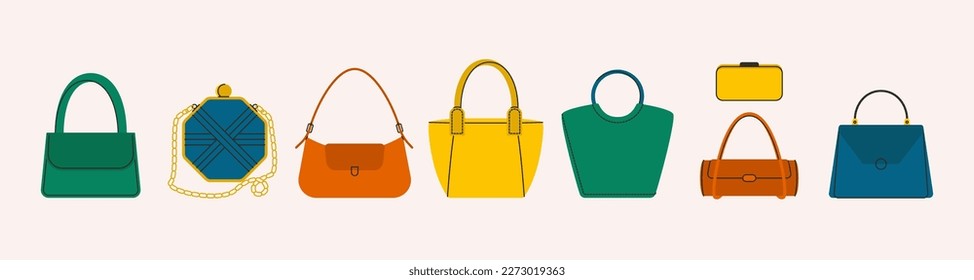 Frauentaschen. Fashion Handtasche Tote Kreuzung Kupplung Handtasche, Cartoon Leder stilvollen weiblichen Accessoires. Vektorflachsatz