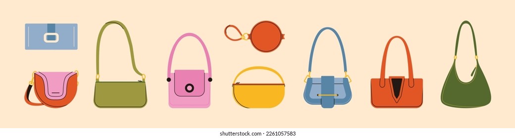 Woman bags. Female handbag, cross body shoulder bag purse clutch cartoon style, fashion accessories. Vector flat set