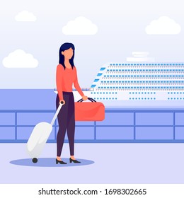 Woman with bags going on a cruise ship vacation.