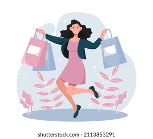Woman with bags. Happy young girl smiling, character after shopping. Owner bought herself new clothes. Person in store. Model for advertising posters and banners. Cartoon flat vector illustration