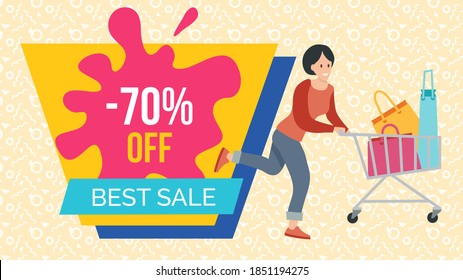 Woman with bags for purchases in the shopping cart. Promotion of sales and discounts in the shop. A girl with packages in her hands is rushing to the store for shopping. Sale advertising on background