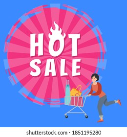 Woman with bags for purchases in the shopping cart. Promotion of sales and discounts in the shop. A girl with packages in her hands is rushing to the store for shopping. Sale advertising on background