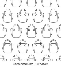 Woman Bags Seamless Pattern. Tiled vector background with women handbag fashion accessories. Simple contour bags on white