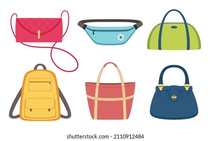 Woman bags set, leather lady accessories collection. Vector leather lady bag trendy, beautiful collection handbag accessory illustration