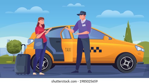 A woman with bags sits on the passenger seat of a taxi flat vector illustration