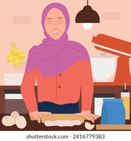 woman bake preparation dough in flat illustration