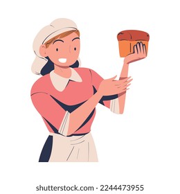 Woman Baker in Apron Holding Fresh Baked Loaf with Hand Vector Illustration