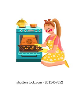 Woman Baker Baking Cookies In Kitchen Oven Vector. Young Girl Baking Cookies Food, Housewife Holding Freshly Baked Cakes On Tray. Character Lady Cooking Delicious Dessert Flat Cartoon Illustration