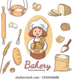 Woman baker with a basket of bread, various baked goods, ingredients and baking supplies. Colorful vector illustration on a white background. A set for a bakery, advertising, or website.