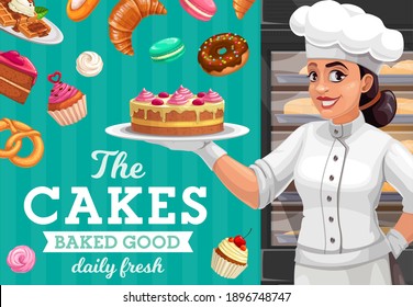 Woman Baker With Cake, Pastries And Sweet Food Vector Cartoon. Pastry Chef Character With Chocolate Cake, Cream Cupcake And Donut, Chef Hat, Croissant, Waffle And Pretzel, Macaron And Marshmallow