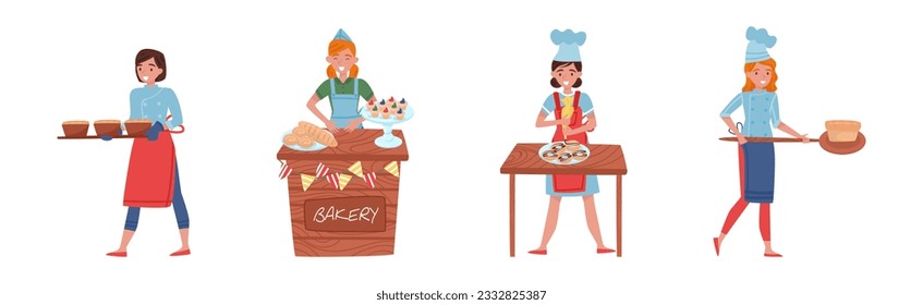 Woman Baker Character in Apron and Toque Baking Bread and Pastry Vector Set