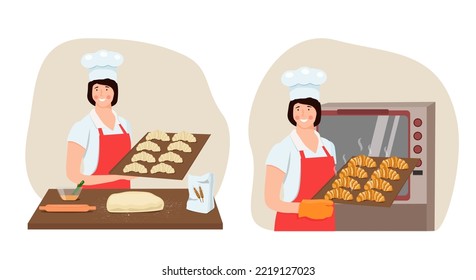 A Woman Baker With Croissant Blanks On A Baking Sheet And Ready-made Pastries Near The Oven. Vector Illustration.