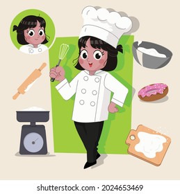 woman baker cute 2d character ready for animation complete with job tools