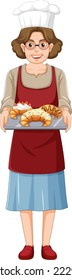 Woman baker holding croissant tray illustration