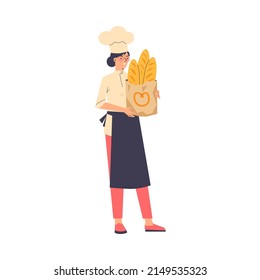 Woman Baker Holding Paper Bag With Fresh Baguettes, Flat Vector Illustration Isolated On White Background. Woman Baker Or Bread Seller Cartoon Character.