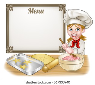Woman baker or pastry chef cartoon character baking with a menu sign in the background