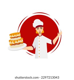 woman as a baker serving a big two layer cake. vector illustration for bakery poster, website, and social media.