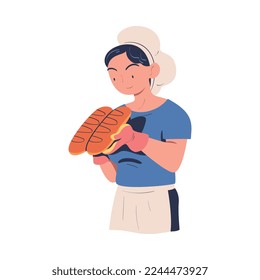 Woman Baker in Toque and Apron Holding Freshly Baked Bread Vector Illustration