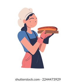 Woman Baker in Toque and Apron Holding Freshly Baked Bread Vector Illustration