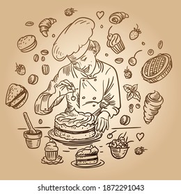 Woman baker in uniform and hat prepares cake, smiles and puts cherry on cream, assortment of sweet dough products. Strawberries, fruits, cherries, croissants, muffins