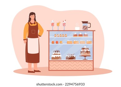 Woman in bakery. Young girl stands near cash desk with pastries and cakes. Dessert and delicacy. Small business owner or checkout clerk. Cafe start up. Cartoon flat vector illustration