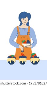 A woman bakes and decorates muffins with strawberries and blueberries. No diet day. Vector.