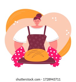 Woman baking bread at home. Young woman and freshly baked loaf of bread. Cartoon character in modern flat style. Vector illustration on stay home activity. Cook and bake at home.