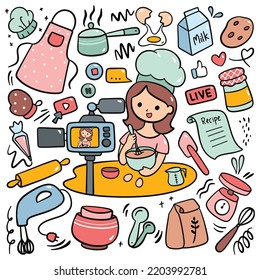 Woman Baking Cake While Live Streaming for Social Media Content in Cartoon Doodle Style Illustration