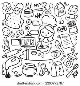 Woman Baking Cake While Live Streaming for Social Media Content in Cartoon Doodle Style Illustration