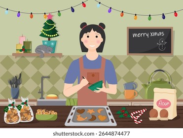 Mulher assando biscoitos de gengibre de Natal na cozinha. Preparação para tratamentos de férias. Interior da cozinha com uma placa de boas-vindas. A cozinha está decorada para as férias de Natal. Celebração de inverno e