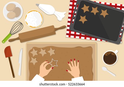 Woman baking Christmas gingerbread. Flat vector