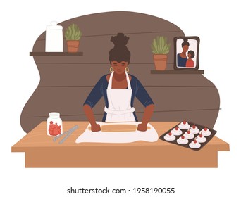 Woman baking and cooking at home in kitchen. Female character making cookies, tasty recipes and desserts. Woman with rolling pin and dough, cherry in jar and baked cakes. Vector in flat style