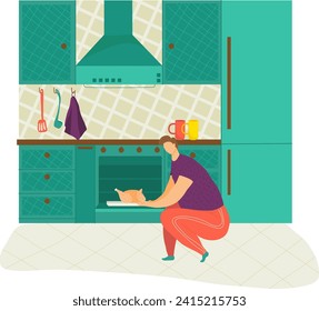 Woman baking food in modern kitchen, sitting with oven mitts and dish. Casual cook preparing homemade meal. Comfortable cooking at home concept vector illustration.