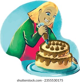 Woman baking a Homemade Cake Vintage Watercolor Illustration